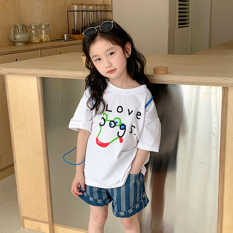 Korean children's clothing 2024 new small and medium-sized children's baby fashionable pure cotton half-sleeved girls cartoon short-sleeved T-shirt summer clothing