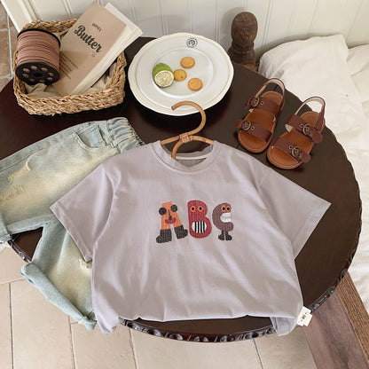 Children's T-shirt Bangcheng 2024 summer style letter embroidered short T children's clothing ABC short-sleeved boy round neck top trendy G0168 