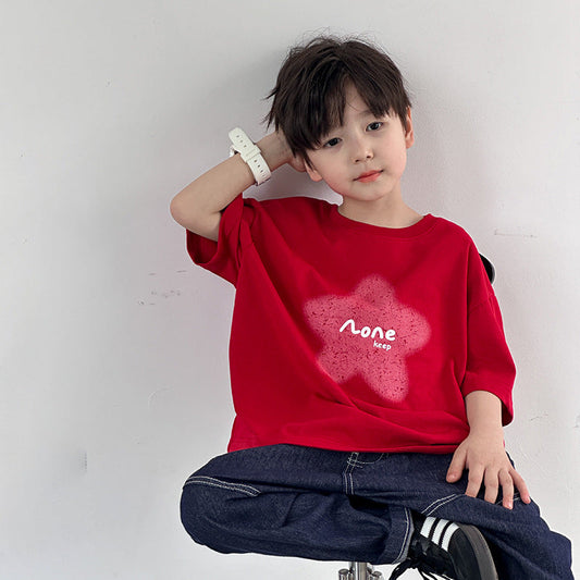 Elmo Beibei Children's 2024 Summer Alphabet Star Cotton T-shirts for Boys and Girls Baby Cute Splicing Tops