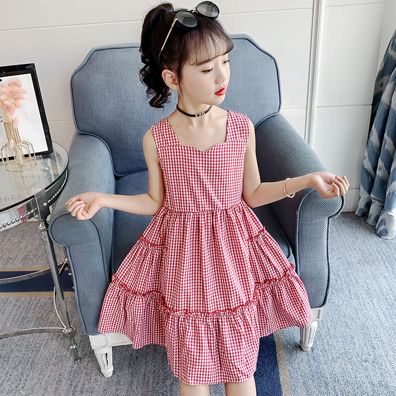 Girls summer plaid dress 2024 new Korean version petal collar plaid vest skirt Internet celebrity princess skirt trend