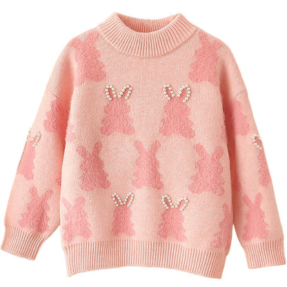 Girls winter sweater thickened little rabbit warm Korean cartoon net red stylish pullover sweater elastic medium and large children