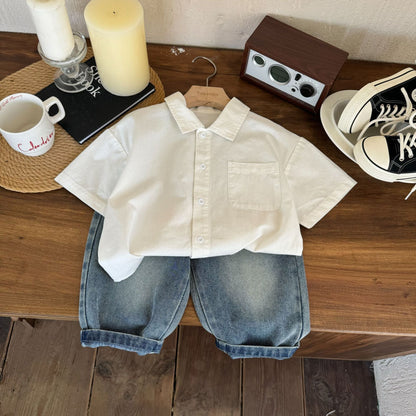 Children's clothing short sleeves 2024 summer new English cartoon casual boys white shirt fashion children's shirt