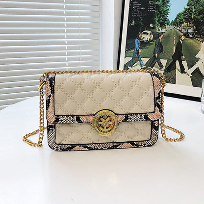 Small high-end white snake pattern stitching fashion simple chain shoulder bag women's bag diamond embroidery crossbody small square bag 