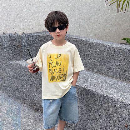 Amo Beibei children's 2024 summer personalized letter graffiti short-sleeved T-shirt boy double yarn smooth cool top trend