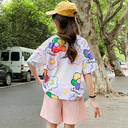 Summer girls flower short-sleeved tops cotton T elastic loose graffiti print fat middle and large children junior high school elementary school T