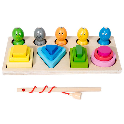 Cross-border children's wooden three-dimensional multifunctional fishing set column shape matching cognitive hand-eye coordination educational toy