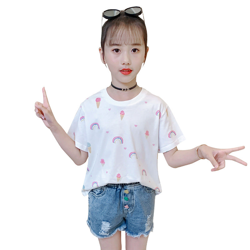 Girls short-sleeved T-shirt 2024 new summer children's casual printed T-shirt for middle and large children cotton cartoon round neck top