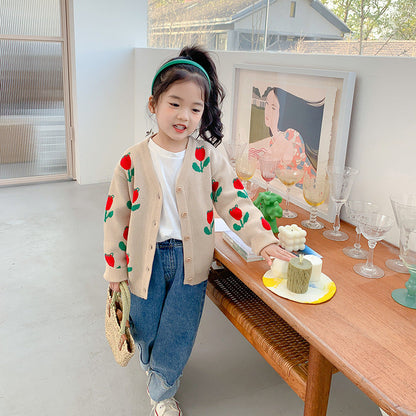 2022 Spring and Summer Korean New Children's Clothing Children's Sweater Cardigan Girls Jacquard Flower Knitted Sweater Children's Coat Trend