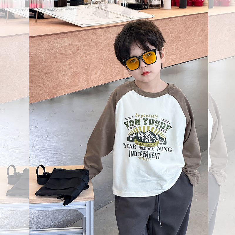 Amo Beibei children's tops 2024 spring cartoon raglan long-sleeved T-shirt boy handsome round neck contrast color bottoming shirt