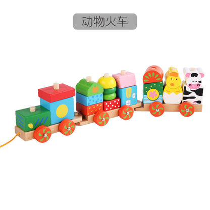 Children's wooden disassembly and assembly combination building block car multifunctional traction train children's early education color recognition matching toy 