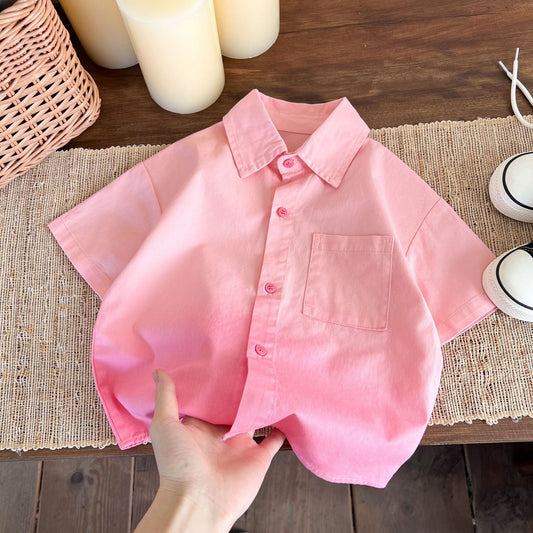 Children's clothing 2024 summer new boys' gradient dyed short-sleeved shirt children's trendy casual versatile pink shirt