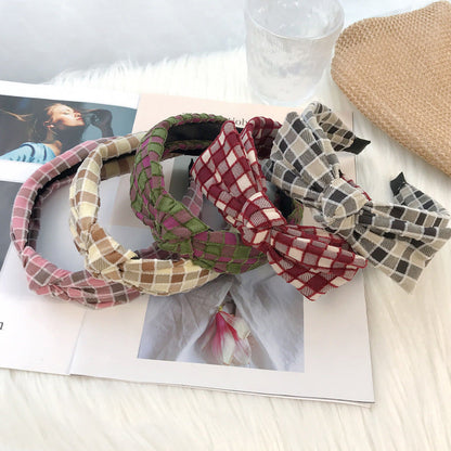 European and American Christmas headband for women Korean style cute sweet temperament knotted head buckle fabric wide edge plaid headband hair cave