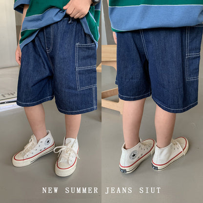 Children's pants boys handsome open-stitch denim shorts baby 2024 summer Korean version big pocket workwear shorts