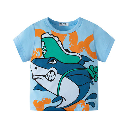 Children's clothing cartoon shark boy sweatshirt summer children's short-sleeved T-shirt pure cotton baby round neck top one piece