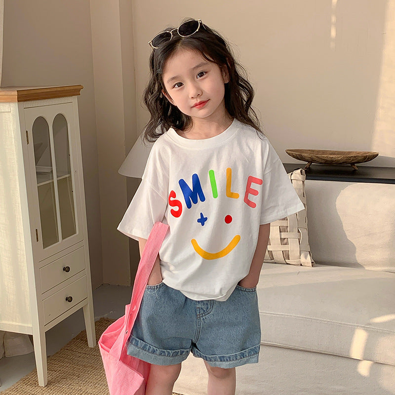 Korean children's clothing 2024 spring and summer new children's short-sleeved boys and girls pure cotton cartoon smiley face T-shirts stylish bottoming shirts