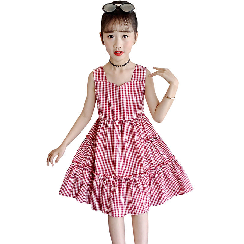 Girls summer plaid dress 2024 new Korean version petal collar plaid vest skirt Internet celebrity princess skirt trend