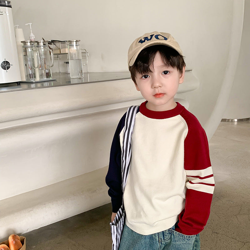 Amo Beibei children's 2023 autumn style stylish contrast color sweater trendy boys and girls baby splicing striped sleeve sweater