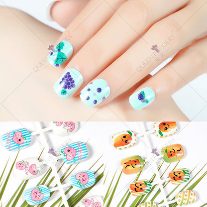 Nail Art Summer Fruit Series ក្រចកសិប្បនិម្មិតរបស់កុមារ 24 បំណែក ឆ្នូតគំនូរជីវចល ស្ទីគ័រក្រចកដែលអាចដកចេញបាន