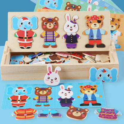 Children's wooden educational early childhood cartoon animal dress-up puzzle bear change clothes puzzle toys 