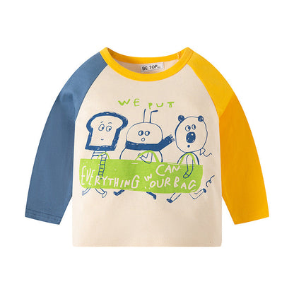 be top children's clothing long-sleeved T-shirt pure cotton spring and autumn style color matching trendy cartoon Korean version of the trendy bottoming shirt