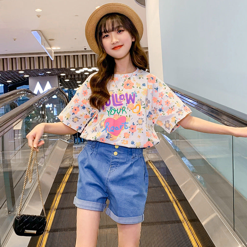 Girls summer new short-sleeved tops cotton T-shirt with floral print Korean version for middle and large children elastic loose fat elementary school trend