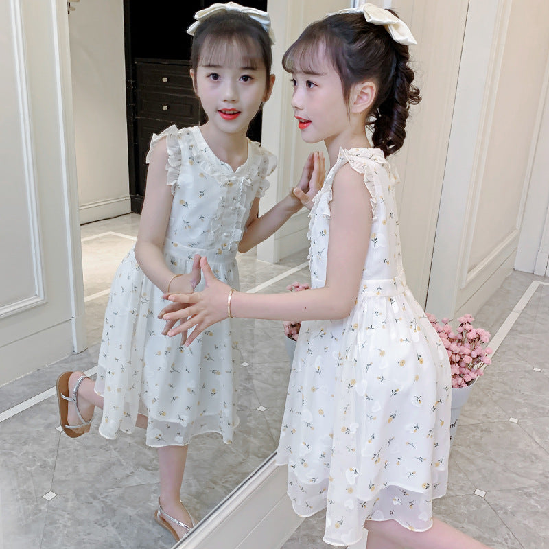 Girls chiffon dress summer 2024 new children's chiffon floral dress fashionable ear-edge flying sleeves princess dress