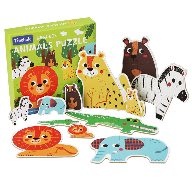 Wooden puzzle six in one set farm forest ocean animals children's enlightenment cognitive puzzle toy 