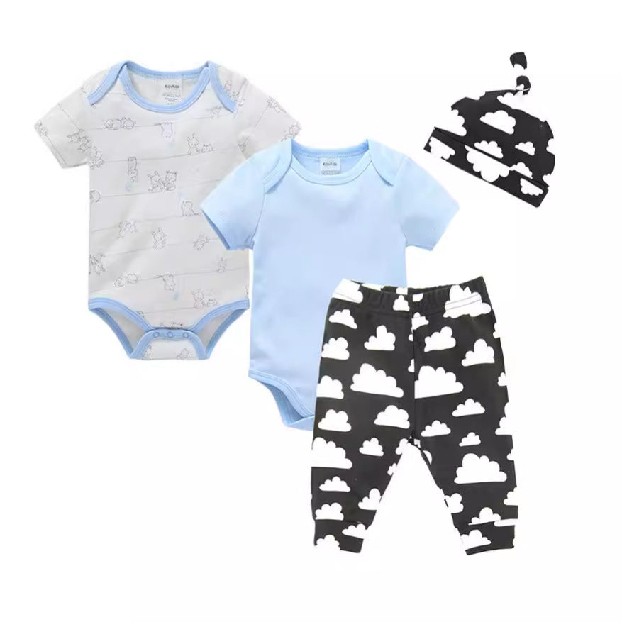 New style children's clothing 2024 summer baby short-sleeved suit children's clothes romper children's pants hat four-piece children's suit 