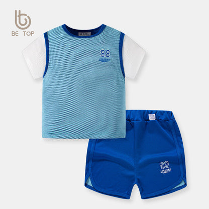 2024 new children's casual color matching two-piece shorts short-sleeved sports suit boy baby Korean version new trend