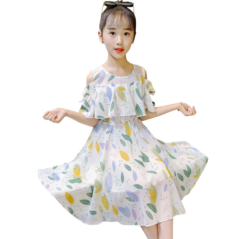 Girls dress summer 2024 new style chiffon off-shoulder dress medium and large children's Bohemian holiday dress 