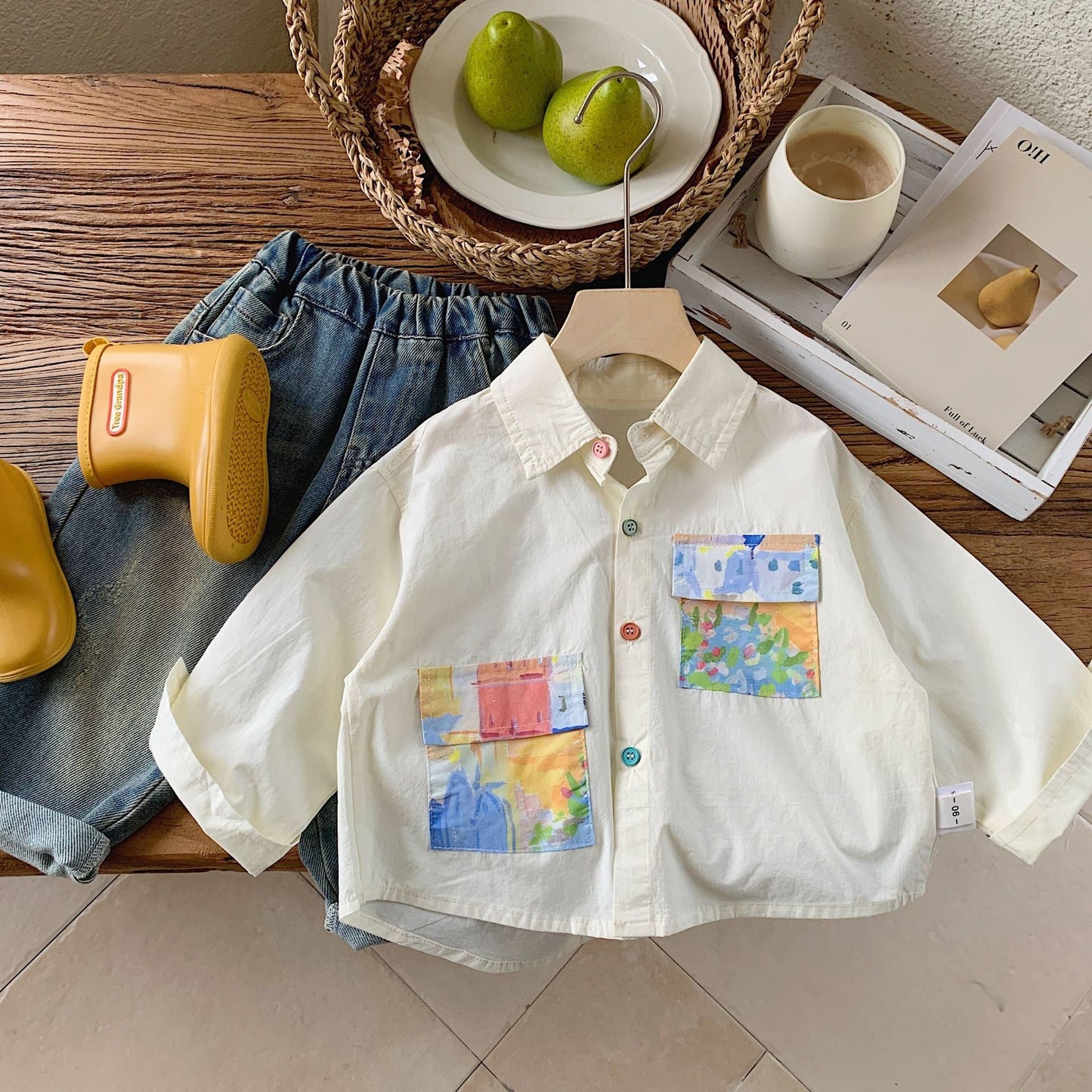 Children's shirt Bangcheng 2024 summer boys' colored button shirt children's clothing trendy painting pocket jacket G0059