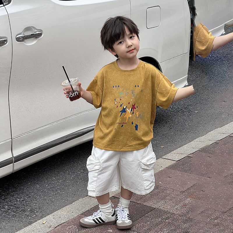 Amo Beibei boy 2024 summer twill washed cotton shorts baby big pocket handsome loose overalls trend