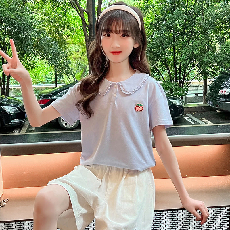 Summer Girls Short Sleeve POLO Shirt Tops Doll Collar Baseball Jacket Tennis Jacket Cotton Middle and Large Children Striped Shirt Sports