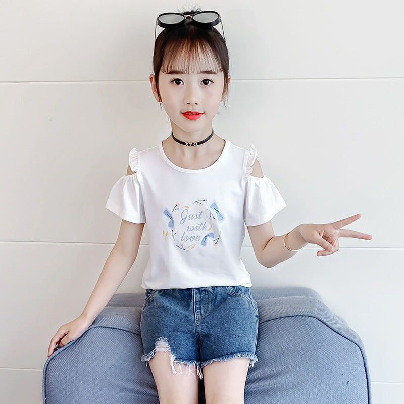 Children's summer short-sleeved T-shirt 2024 new cute printed off-shoulder T-shirt girl's ear-edge cotton top trend