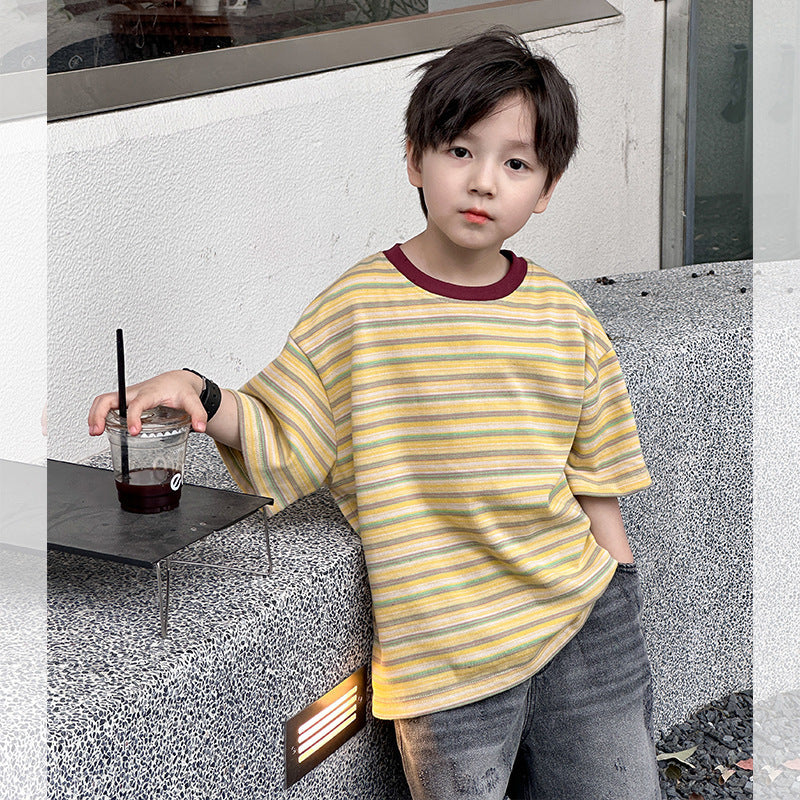 Amo Beibei children's 280g cotton top 2024 summer boys and girls baby temperament contrast color striped short-sleeved T-shirt