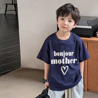 Amo Beibei middle and large children's loose tops 2024 summer boys and girls handsome letters love cotton short-sleeved T-shirt