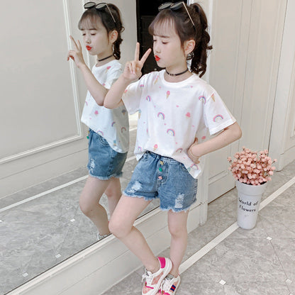 Girls short-sleeved T-shirt 2024 new summer children's casual printed T-shirt for middle and large children cotton cartoon round neck top