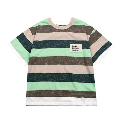 Amo Beibei 2024 summer children's contrast striped tops boys handsome label fake two-piece distressed short-sleeved T-shirt