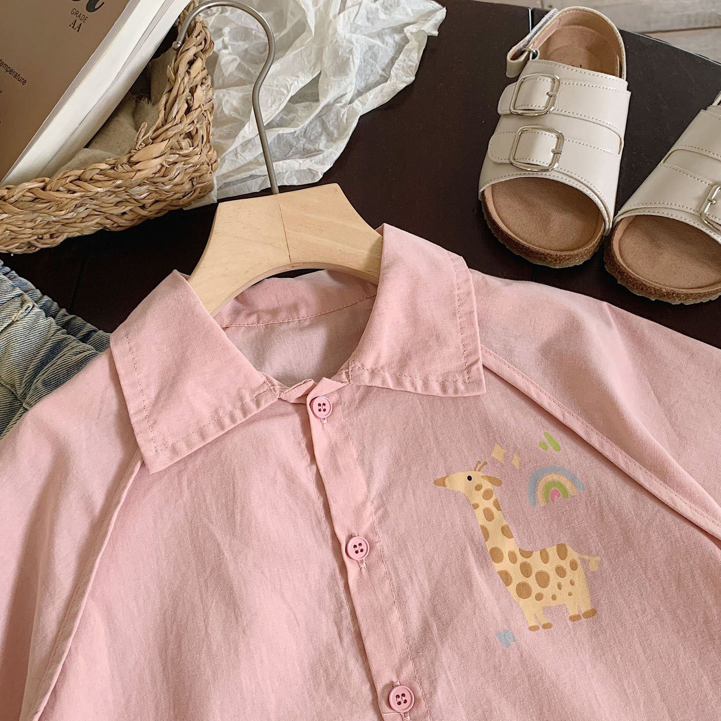 Children's shirt Bangcheng 2024 summer style hemming shirt children's clothing pure cotton cartoon cardigan boy top trendy G0130