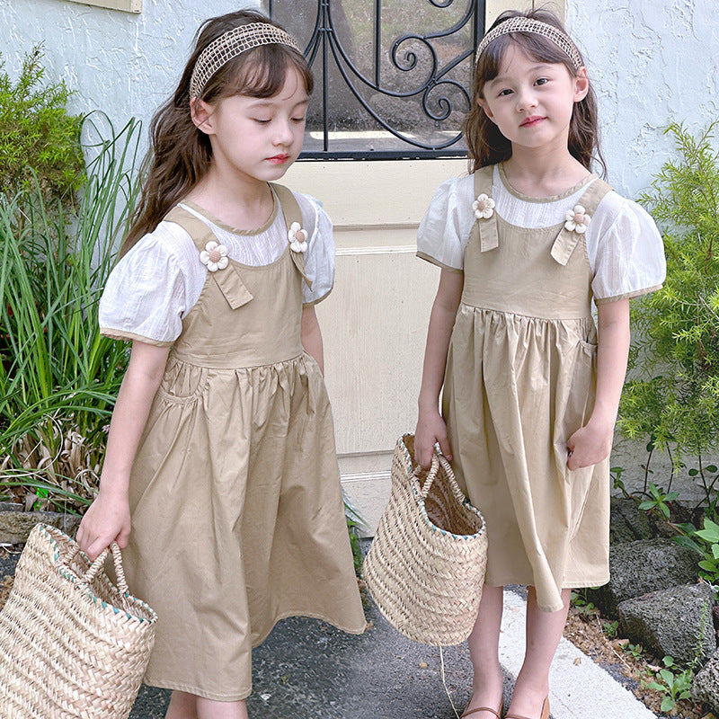 Summer children's cotton skirt fake two-piece overalls skirt Korean version girl long skirt kindergarten graduation vacation summer vacation college