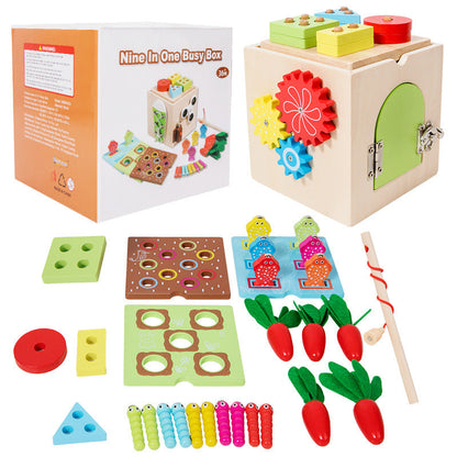 Montessori Early Education Children's Wood 9 in-one ប្រដាប់ក្មេងលេងអប់រំពហុមុខងារ នេសាទ ការ៉ុត និងឈើចាប់សត្វល្អិត