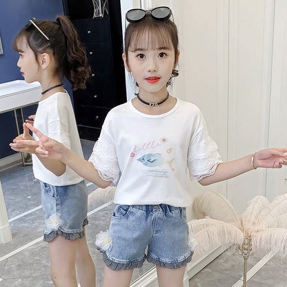 Girls short-sleeved T-shirt 2024 new summer style children's stitching lace top girl cartoon half-sleeved T-shirt