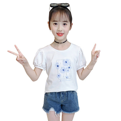 Girls short-sleeved T-shirt summer 2024 new children's trendy puff sleeve tops medium and large children's cotton printed T-shirt