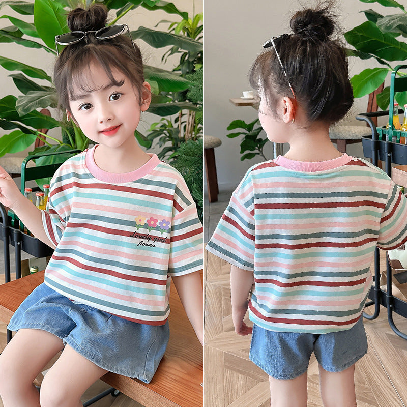 Children's summer striped tops short-sleeved cotton T-shirts elastic printed flowers kindergarten elementary school elastic loose middle and large children