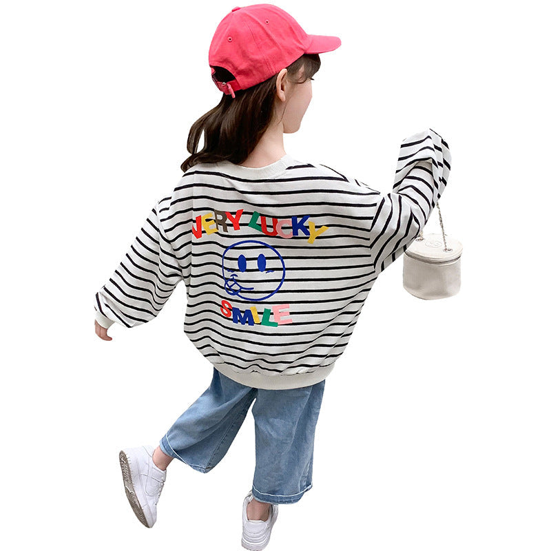 Children's Girls 2024 Spring New Long Sleeve Tops Bottoming Shirt Black and White Striped Printing Colored Cotton Elastic Loose