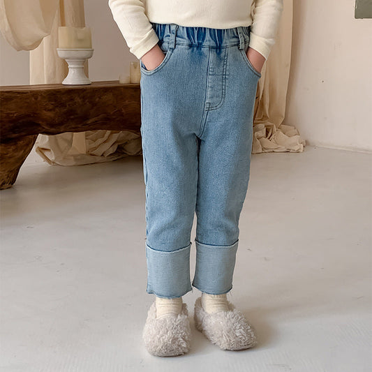 2023 new girls velvet denim pencil pants autumn and winter children's baby Korean version casual stylish straight trousers