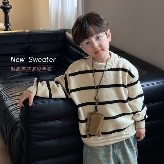 Amo Beibei children's warm sweater 2023 winter boys and girls baby versatile thickened striped round neck sweater