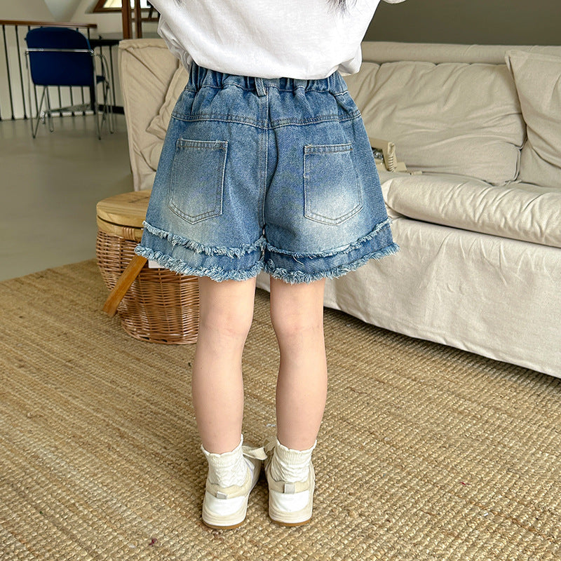 2024 Spring and Summer Boys and Girls Loose Retro Denim Shorts Trendy American Raw Edge Bai Matching Casual Wide Pants Children's Pants