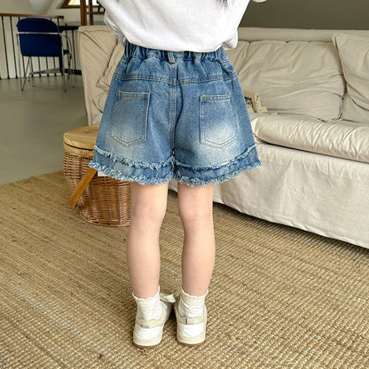 2024 Spring and Summer Boys and Girls Loose Retro Denim Shorts Trendy American Raw Edge Bai Matching Casual Wide Pants Children's Pants