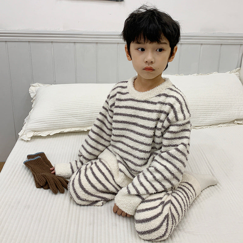 Amo Beibei children's 2024 winter thick warm home clothes boys and girls Korean velvet striped pajamas set trend